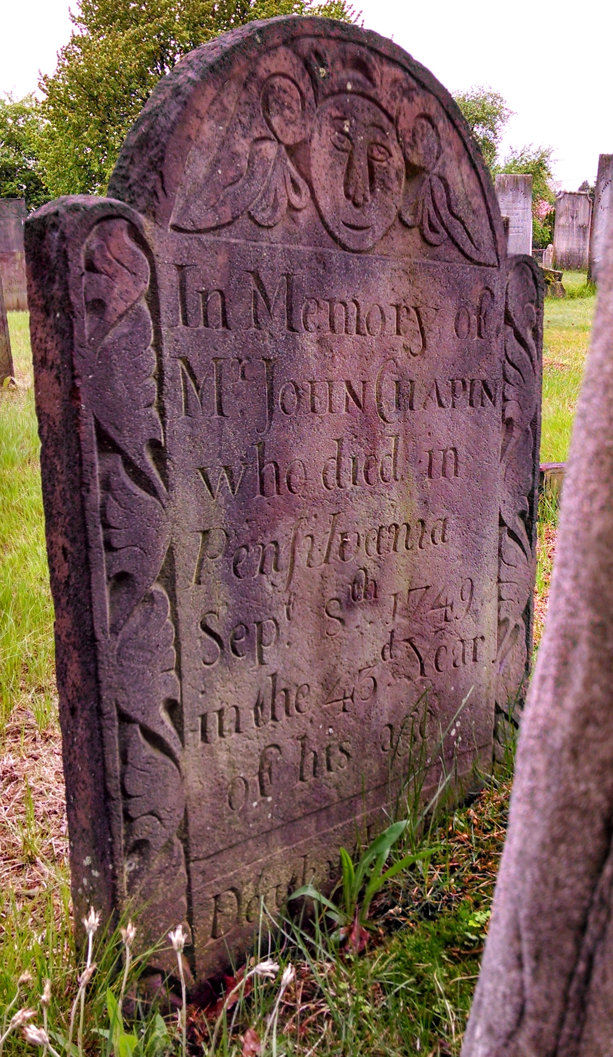 John Chapin, a descendant of the prominent Chapin family of Springfield, Mass, died in Pennsylvania as indicated on the stone. 